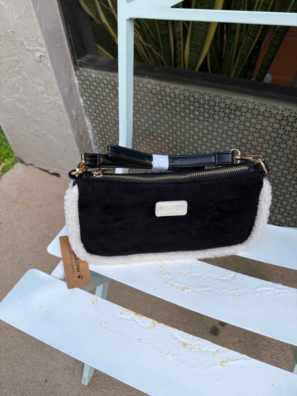 BearPaw Black Mini Shoulder Bag with White Faux-Shearling Trim